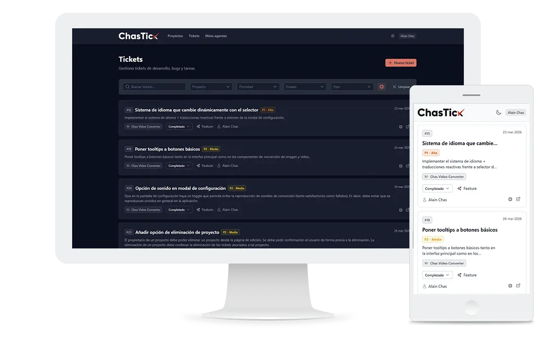 Mockup plataforma de gestión de tickets de desarrollo